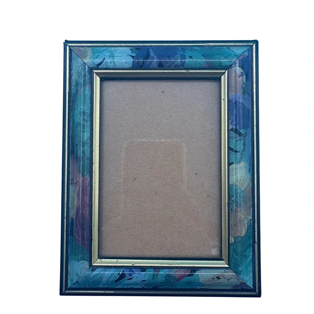 Vintage 1980s Teal Floral Picture Frame 4x6 Impressionist Lacquer Gold Trim